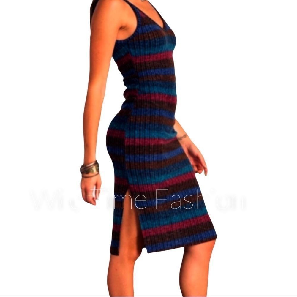 Sleeveless V Neck Striped Rib Knitted High Split Side Hem Fitted Midi Dress NEW - Picture 4 of 4